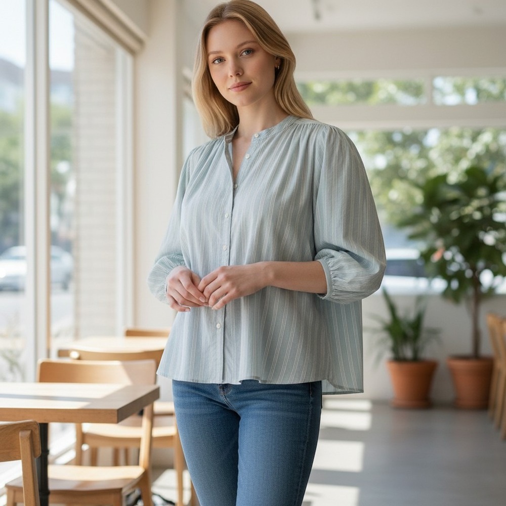 Anthropologie Pilcro Sage Green Striped Balloon Sleeve‎ Button Down Blouse